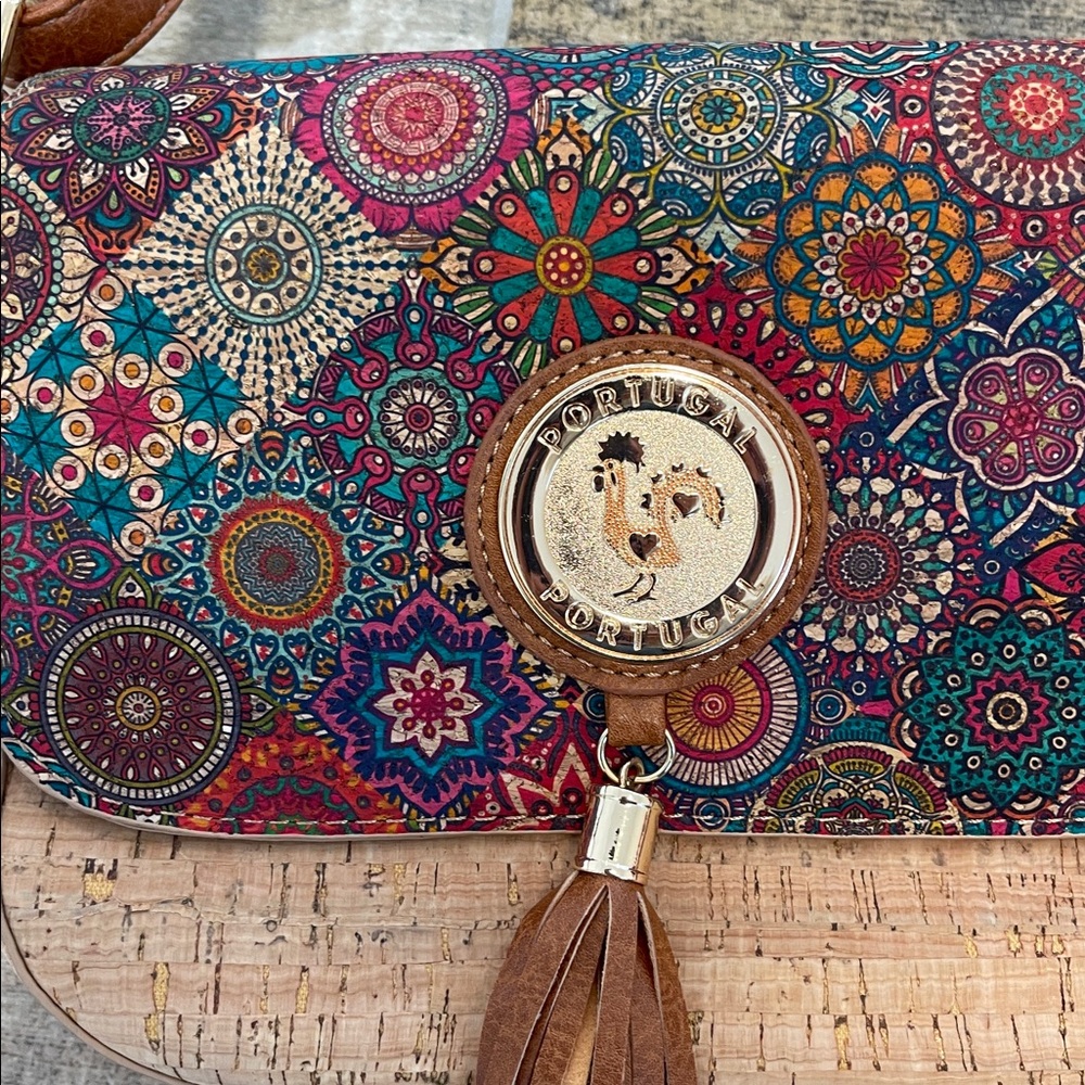 Portugal Cork Bohemian Patterned Crossbody Bag Tassel Magnetic Closure NEW - Picture 2 of 7